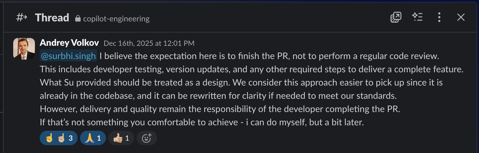Slack message from Engineering Manager about design approach